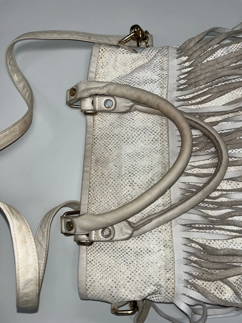 B-Low the Belt White & Gold Fringe Leather & Canvas Shoulder Bag